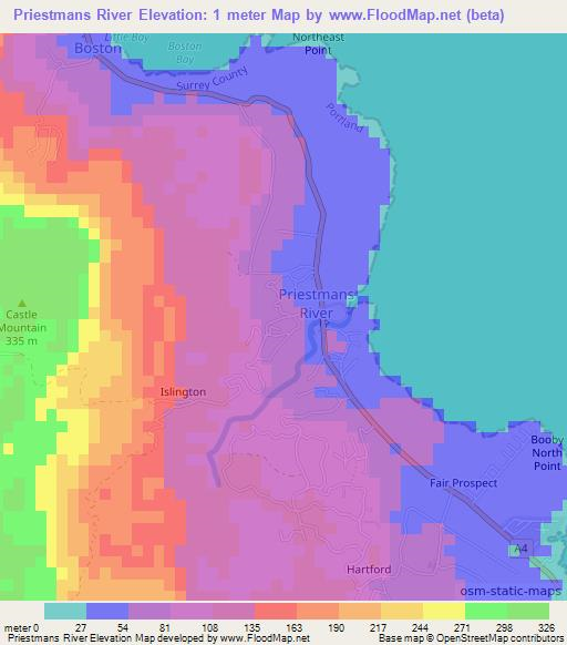 Priestmans River,Jamaica Elevation Map