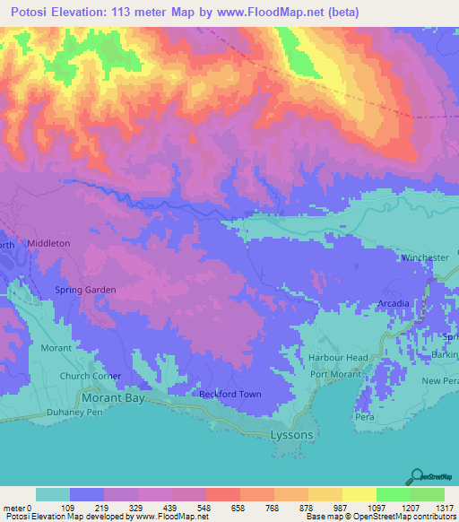 Potosi,Jamaica Elevation Map