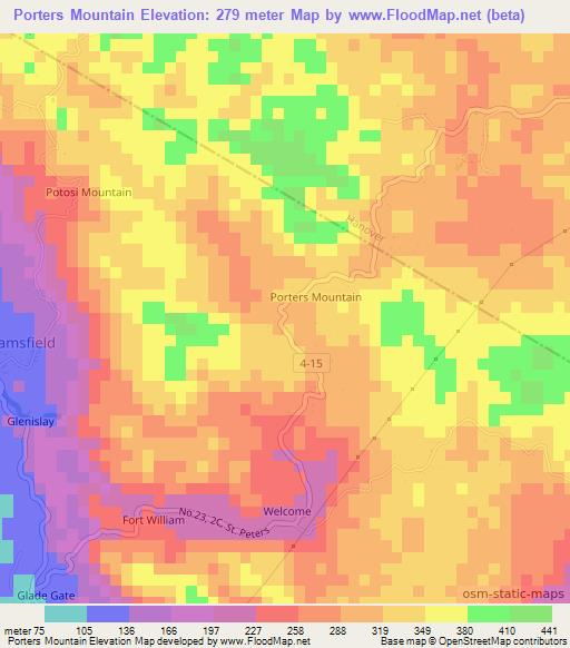 Porters Mountain,Jamaica Elevation Map