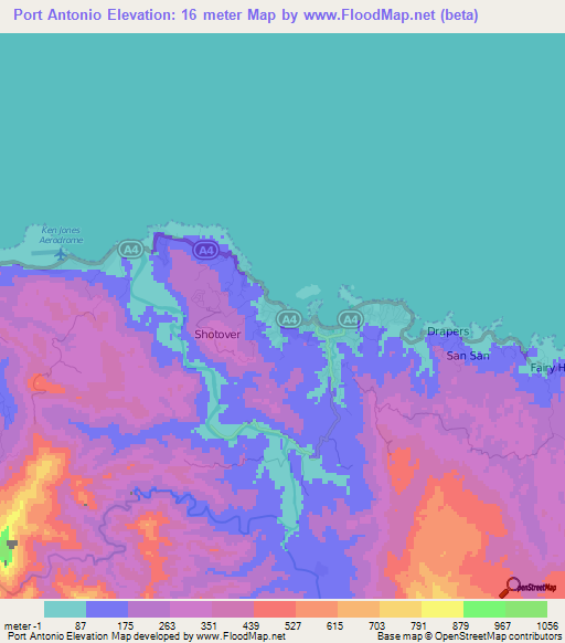 Port Antonio,Jamaica Elevation Map