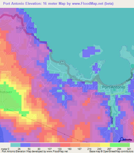 Port Antonio,Jamaica Elevation Map