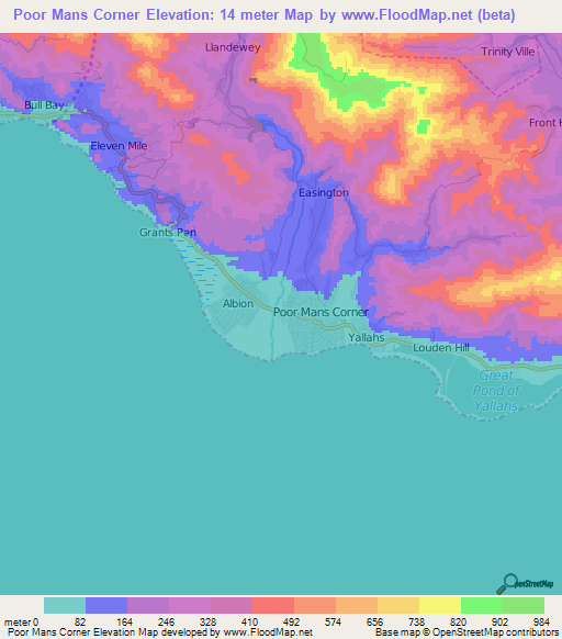 Poor Mans Corner,Jamaica Elevation Map