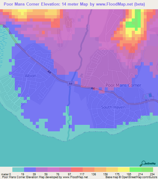 Poor Mans Corner,Jamaica Elevation Map