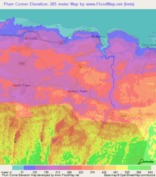 Plum Corner,Jamaica Elevation Map