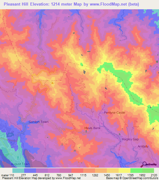 Pleasant Hill,Jamaica Elevation Map