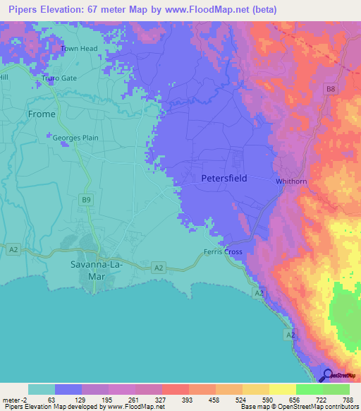 Pipers,Jamaica Elevation Map