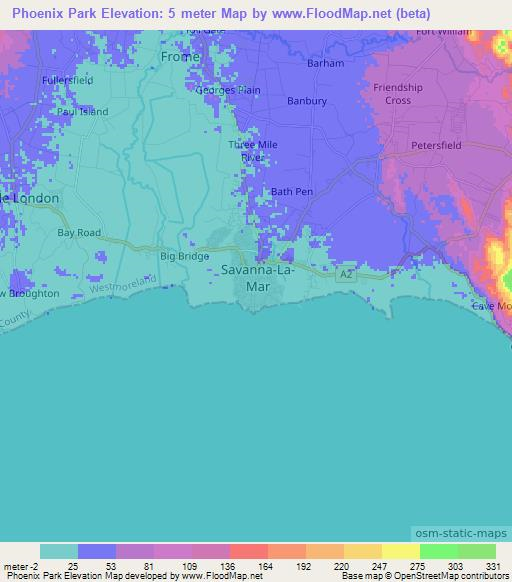 Phoenix Park,Jamaica Elevation Map