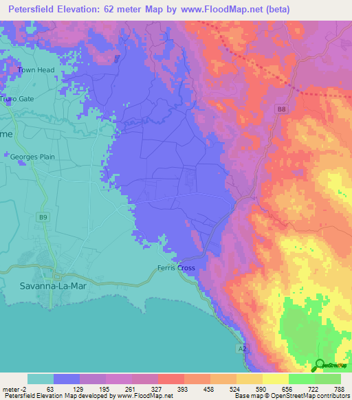 Petersfield,Jamaica Elevation Map