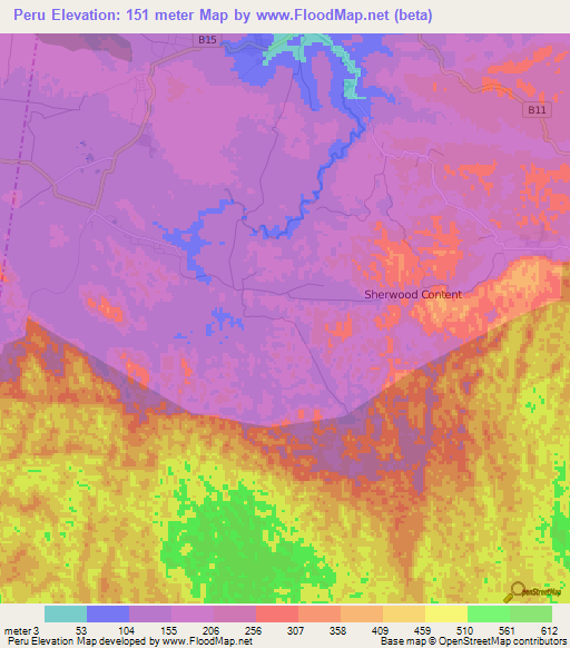 Peru,Jamaica Elevation Map