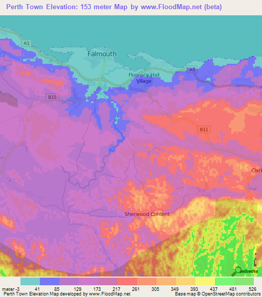 Perth Town,Jamaica Elevation Map