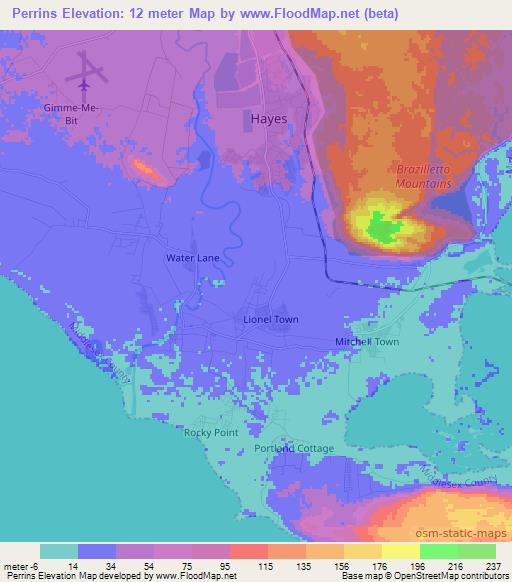 Perrins,Jamaica Elevation Map