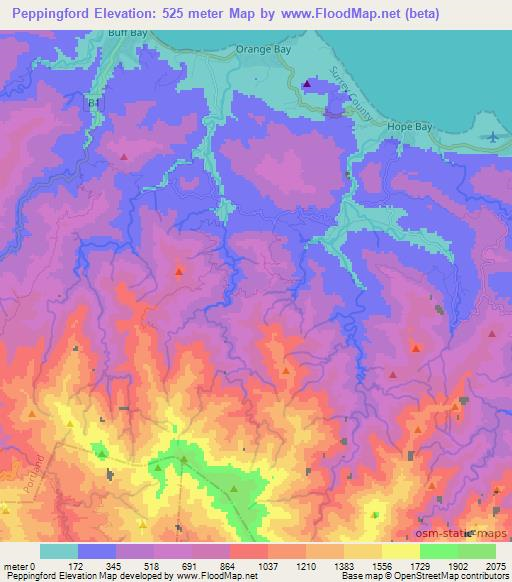 Peppingford,Jamaica Elevation Map