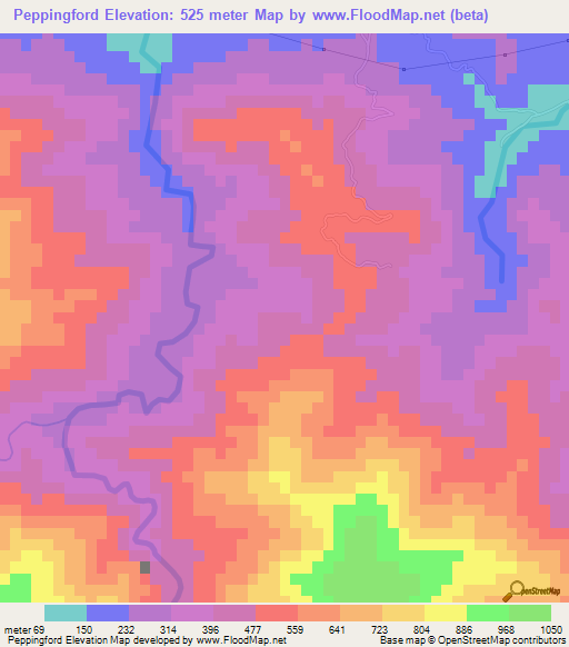 Peppingford,Jamaica Elevation Map