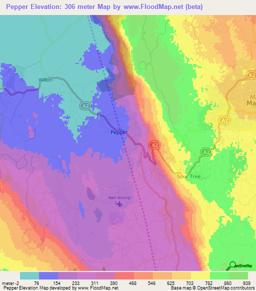 Pepper,Jamaica Elevation Map