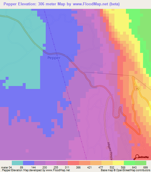 Pepper,Jamaica Elevation Map