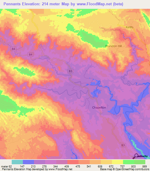 Pennants,Jamaica Elevation Map