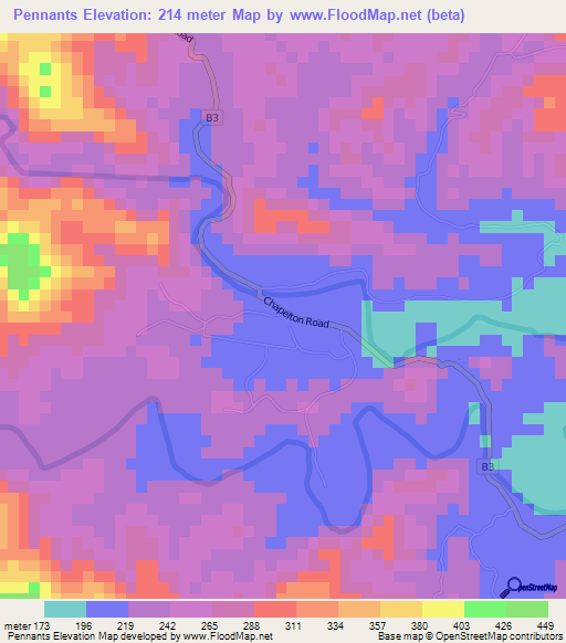 Pennants,Jamaica Elevation Map