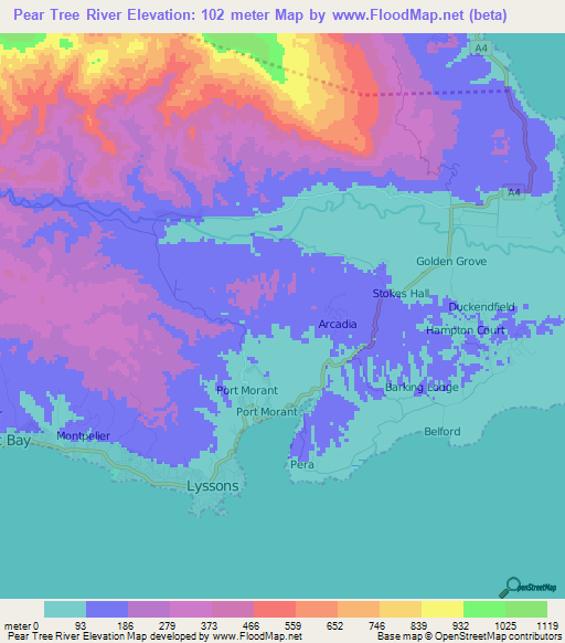 Pear Tree River,Jamaica Elevation Map