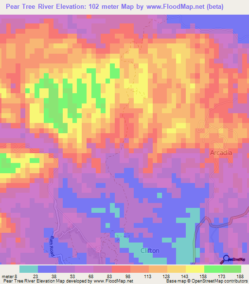 Pear Tree River,Jamaica Elevation Map