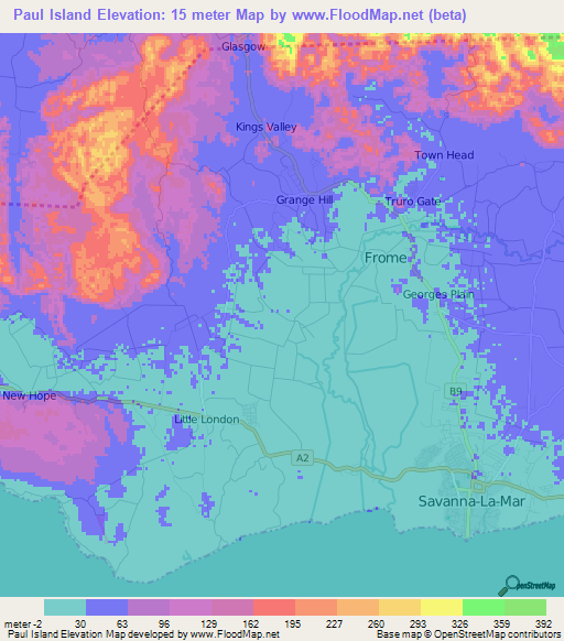 Paul Island,Jamaica Elevation Map