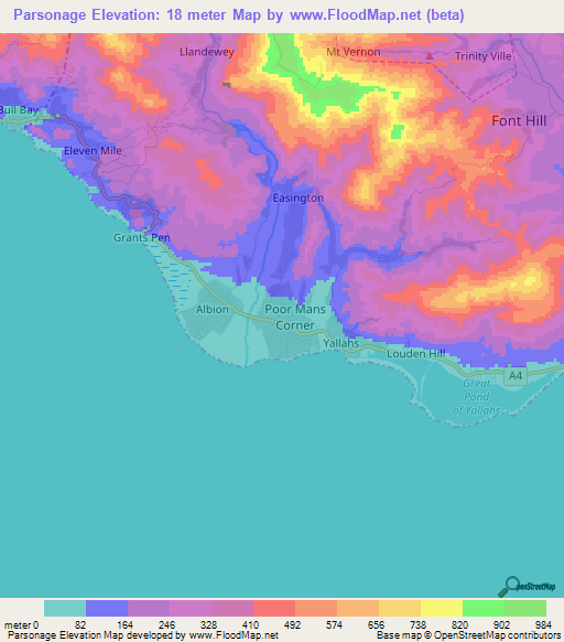 Parsonage,Jamaica Elevation Map