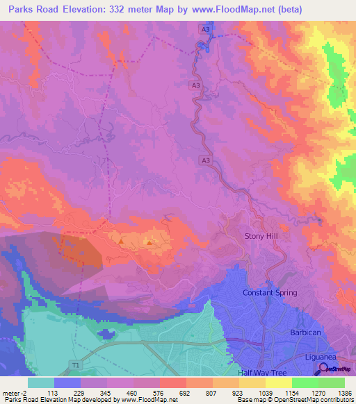 Parks Road,Jamaica Elevation Map