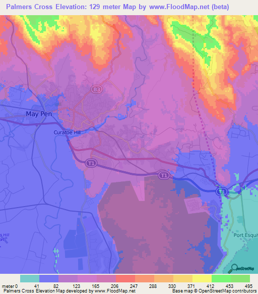 Palmers Cross,Jamaica Elevation Map