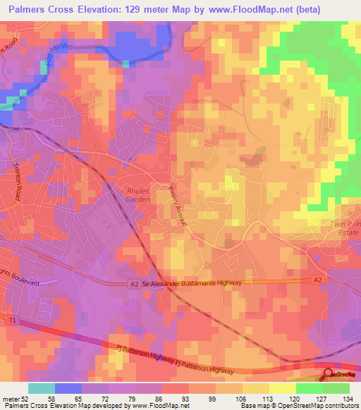 Palmers Cross,Jamaica Elevation Map