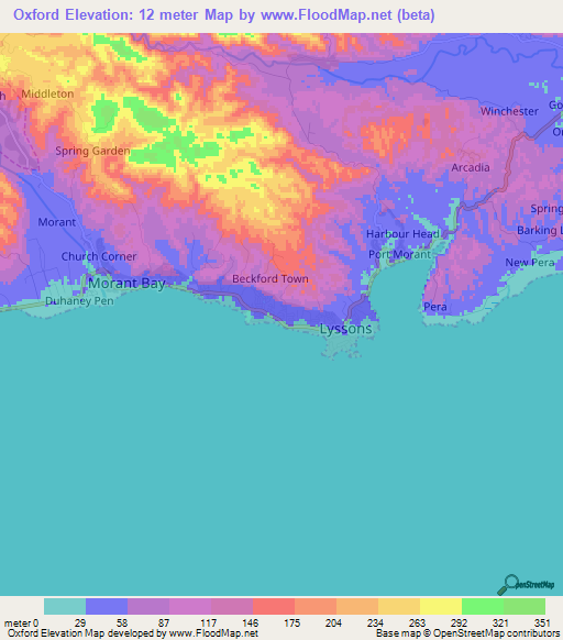 Oxford,Jamaica Elevation Map