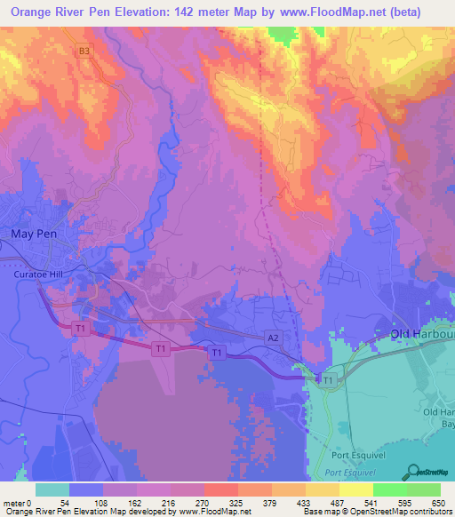 Orange River Pen,Jamaica Elevation Map