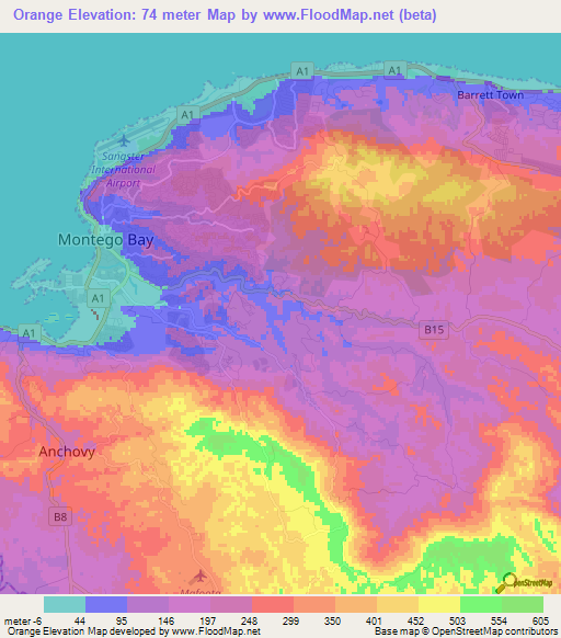 Orange,Jamaica Elevation Map