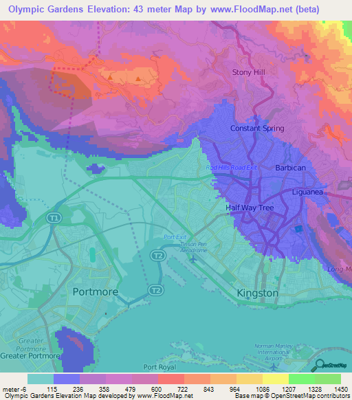 Olympic Gardens,Jamaica Elevation Map