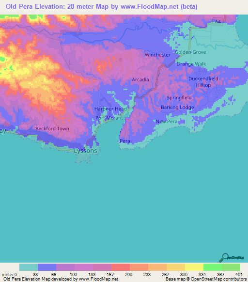 Old Pera,Jamaica Elevation Map