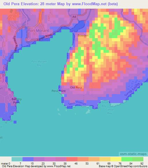 Old Pera,Jamaica Elevation Map