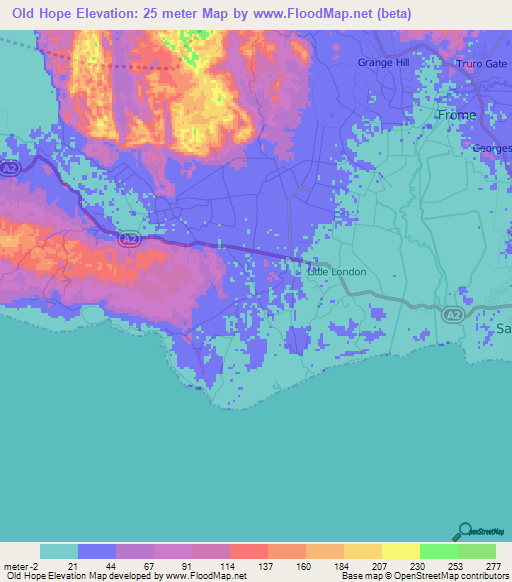 Old Hope,Jamaica Elevation Map