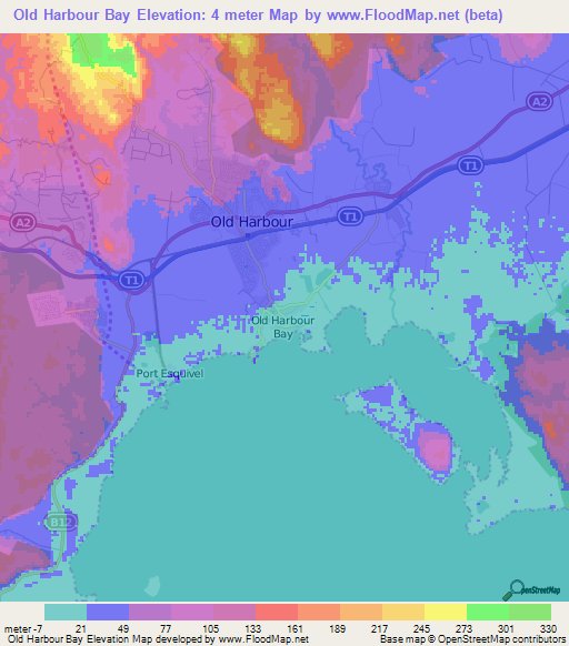 Old Harbour Bay,Jamaica Elevation Map