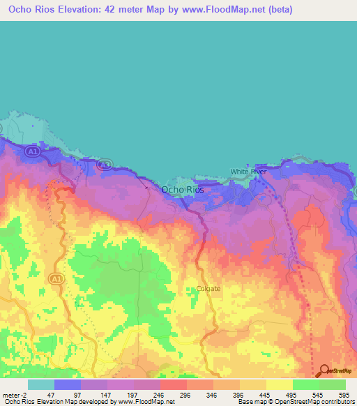 Ocho Rios,Jamaica Elevation Map