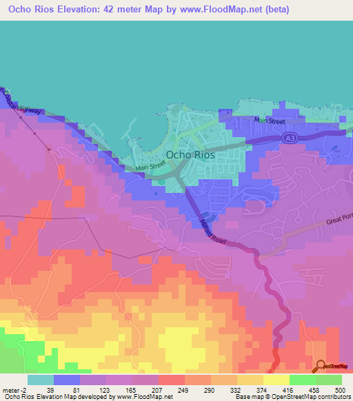 Ocho Rios,Jamaica Elevation Map