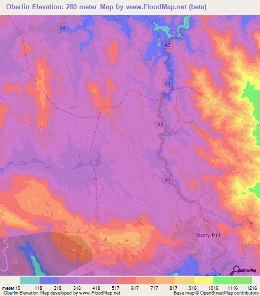 Oberlin,Jamaica Elevation Map