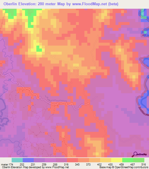 Oberlin,Jamaica Elevation Map