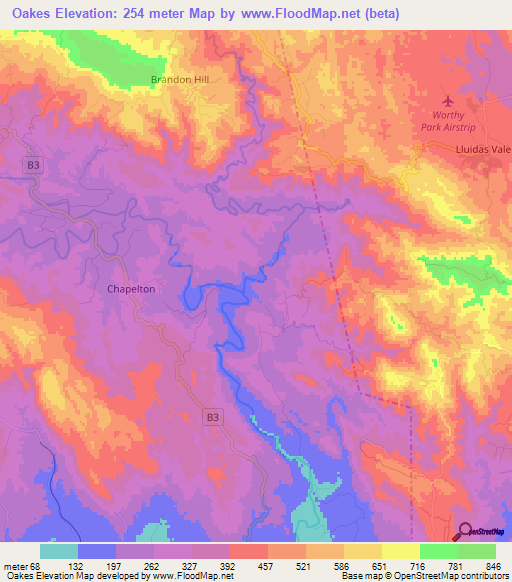 Oakes,Jamaica Elevation Map