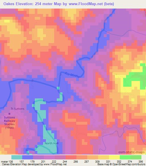 Oakes,Jamaica Elevation Map