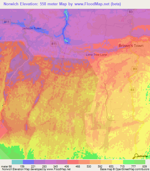 Norwich,Jamaica Elevation Map