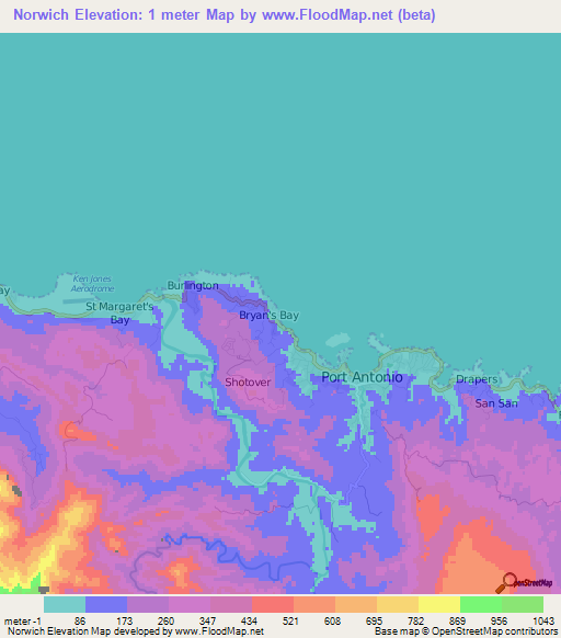 Norwich,Jamaica Elevation Map