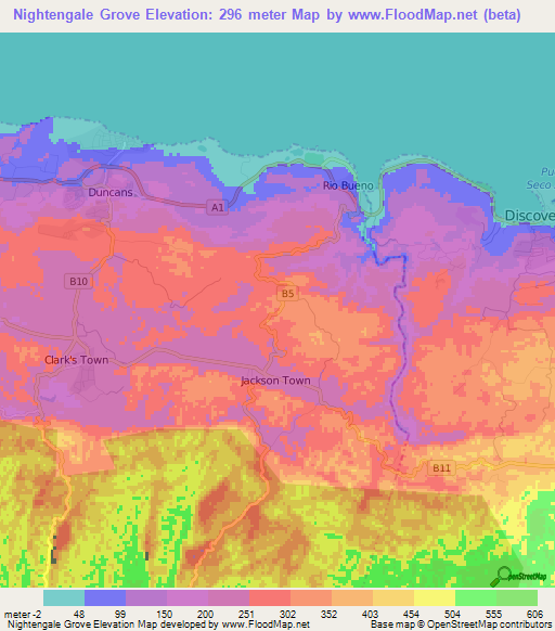 Nightengale Grove,Jamaica Elevation Map