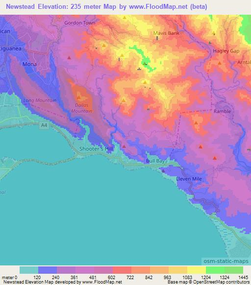 Newstead,Jamaica Elevation Map