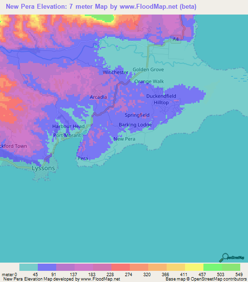 New Pera,Jamaica Elevation Map