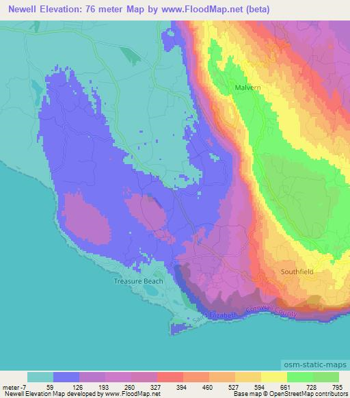 Newell,Jamaica Elevation Map