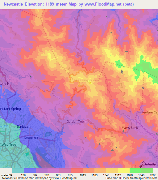 Newcastle,Jamaica Elevation Map