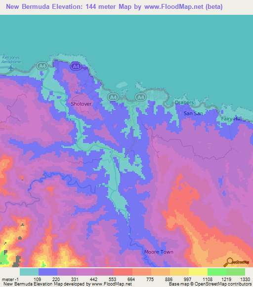 New Bermuda,Jamaica Elevation Map